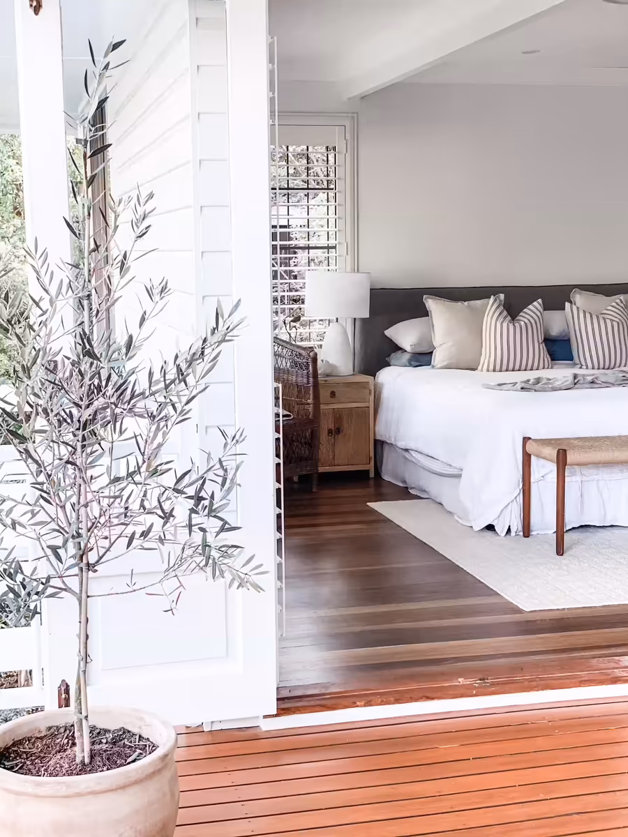 Potted olive tree on the deck, framing a glimpse of the white linen main bed